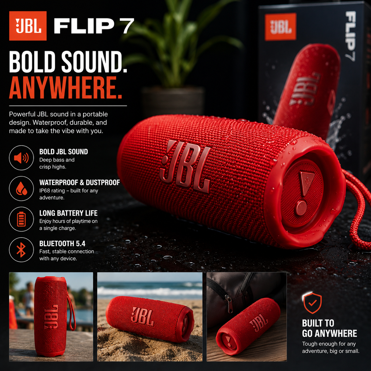 JBL Flip 7 Portable Bluetooth Speaker – Red
